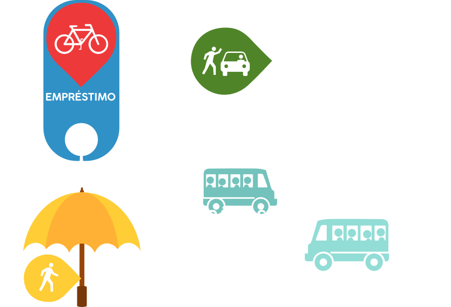 bike, carona, ônibus, guarda-chuva